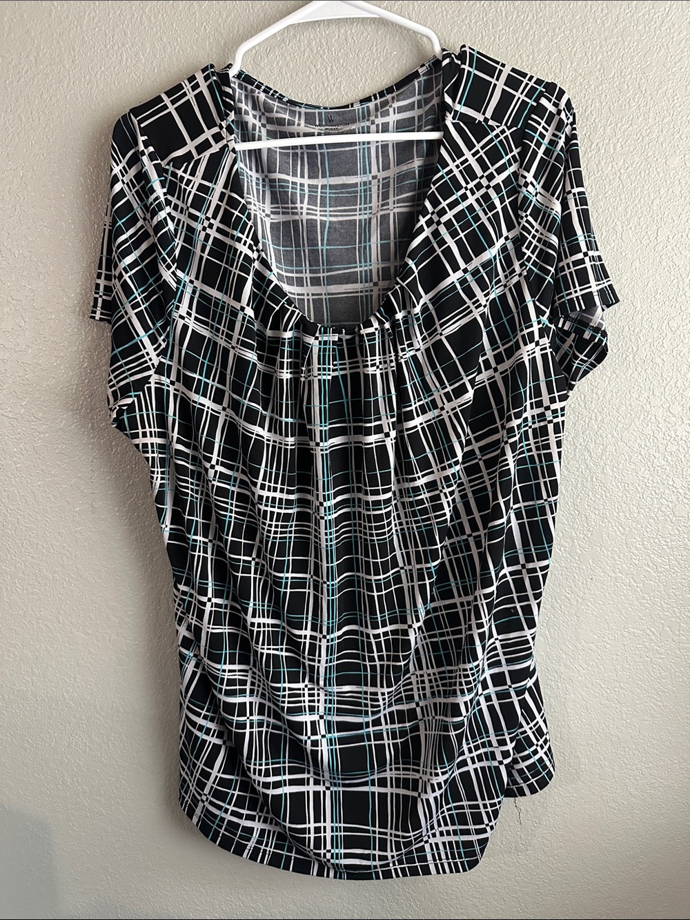 Worthington Black White Plaid Top with Aqua Accents